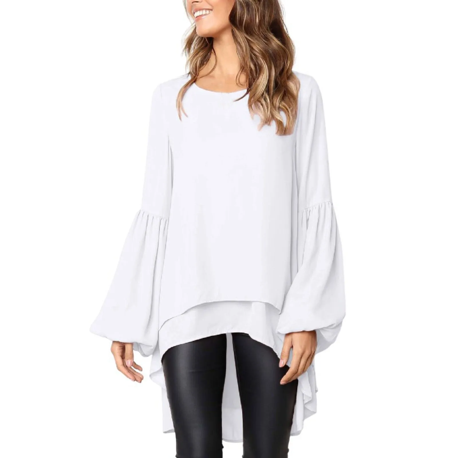 

2024 Summer Women's Solid Top Female Long Lantern Sleeve Blouse Elegant Casual Asymmetrical Shirt Casual Loose Ruffles Blusas