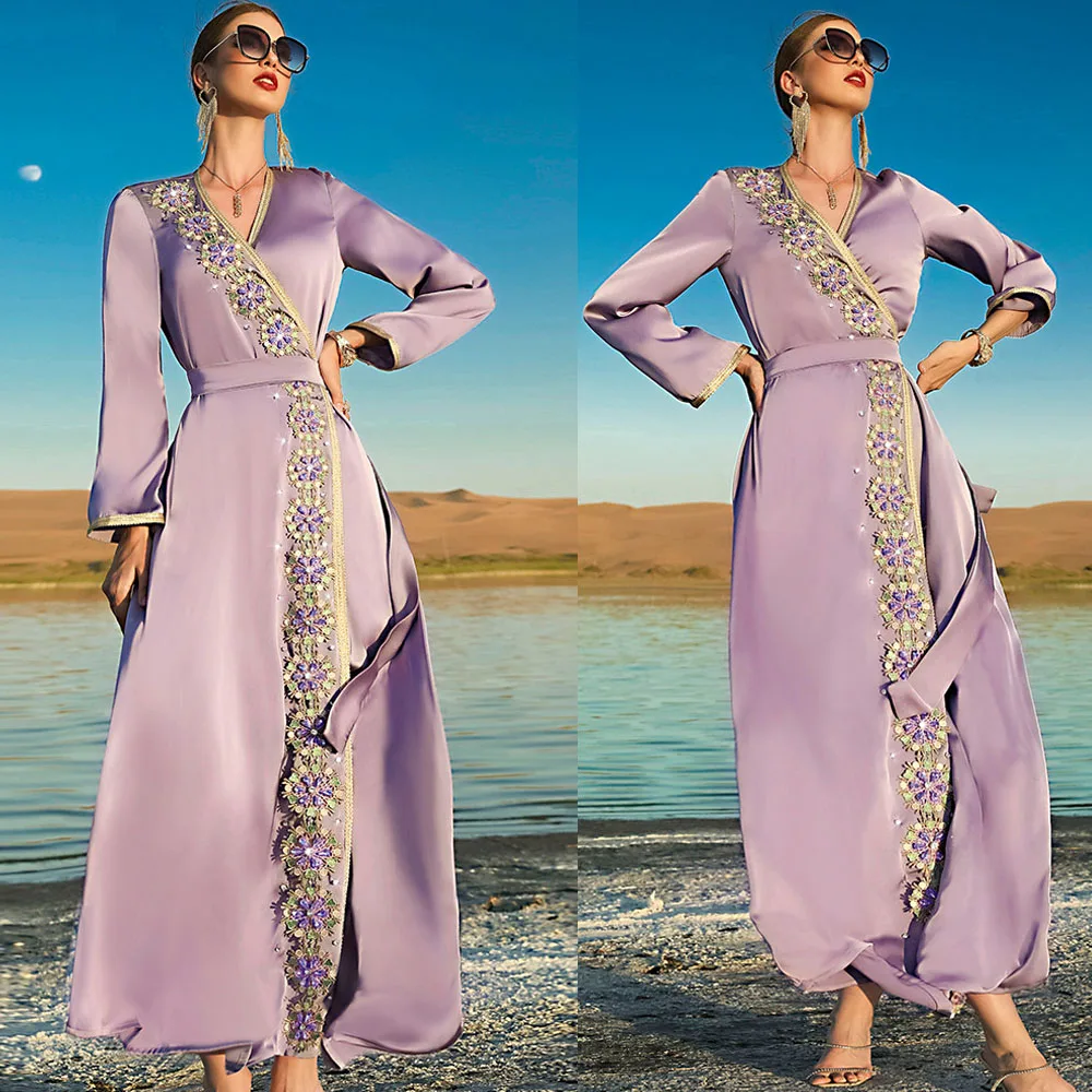 

Ramadan Muslim Women Luxury Long Dress Rhinestone Party Gown Islamic Wrap Dress Abaya Arab Caftan Moroccan Jalabiya Eid Mubarak