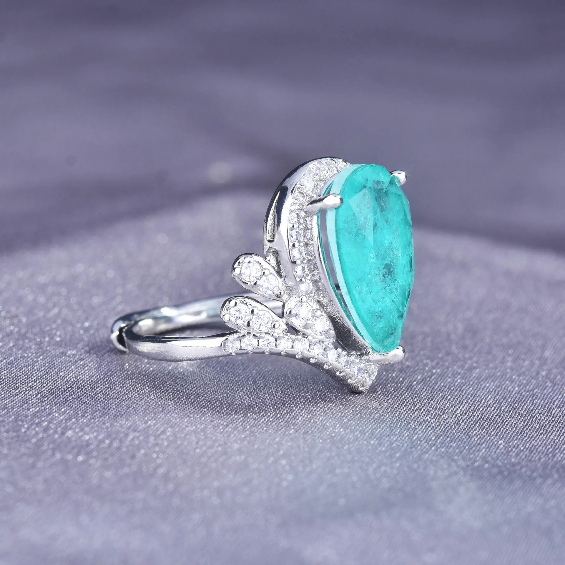 Luxury Crown High Carbon Diamond Droplet Tourmaline Crystal Simulation Paraiba Color Treasure Open Silver Ring