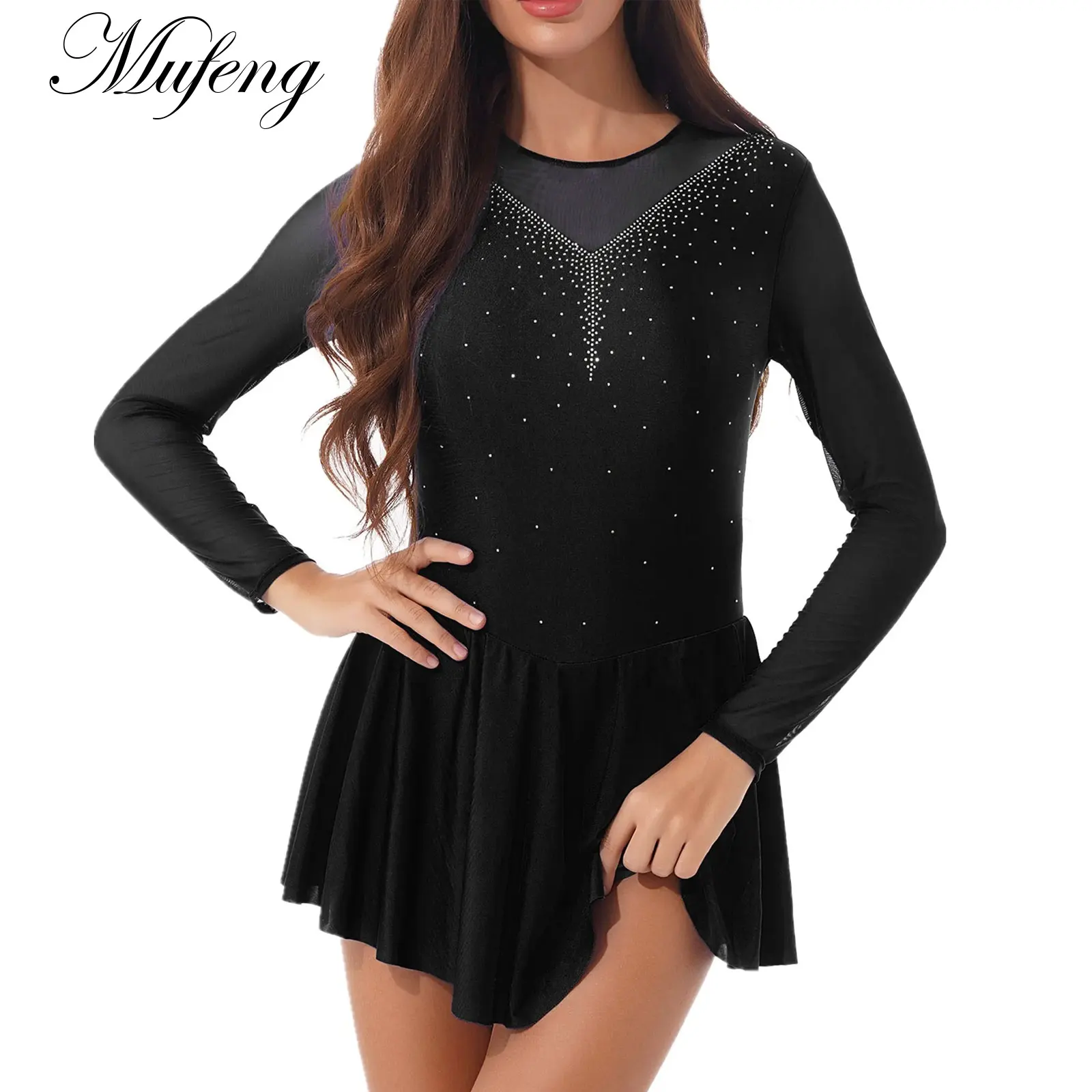 Women Long Sleeves Gymnastics Skirted Leotard Shiny Rhinestones Ballet Dancewear Figure Skating Dress Stage Performance Costume