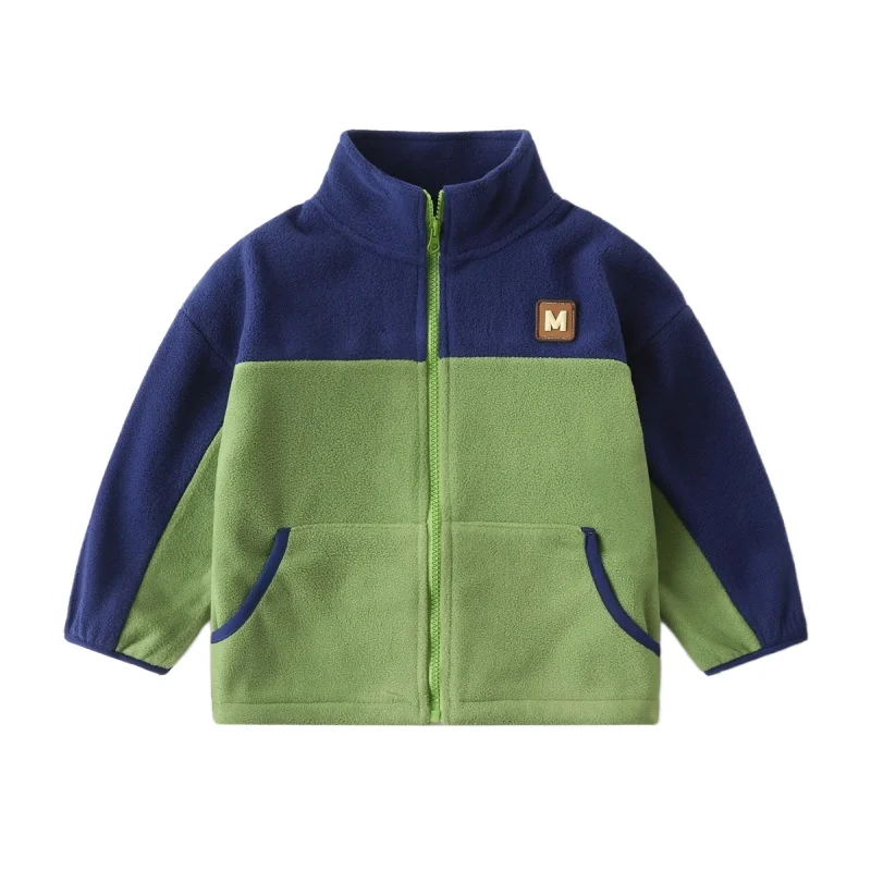 Boys' Contrast Color Stand Collar Fleece Jacket Spring Autumn Casual Zip-Up Thickened Sweatshirts with Patch for Kids Ages 2-7