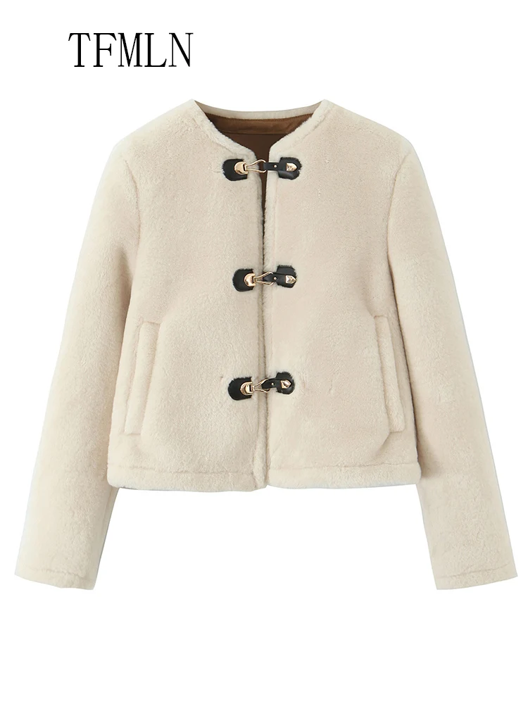 TFMLN 2025 冬 レディース フェイクファー 暖かいジャケット ファッション 長袖 シングルブレスト ラウンドネック コート シック レディース ストリートウェア トップス