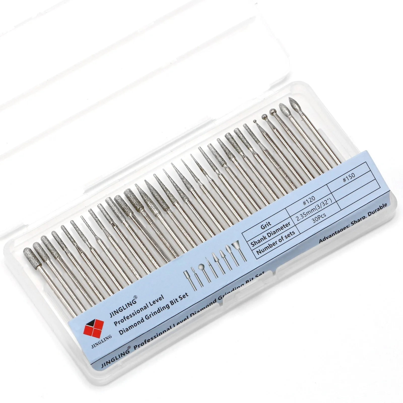30Pcs Professional Diamond Coated Grinding Head Set Rotary Burrs Bits Shank 2.35mm 3/32