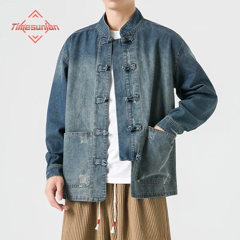 

Chinese Style Washed Denim Jackets for Man Spring Autumn Long Sleeved Stand Collar Top Fashion Vintage Ethnic Shirts Coat