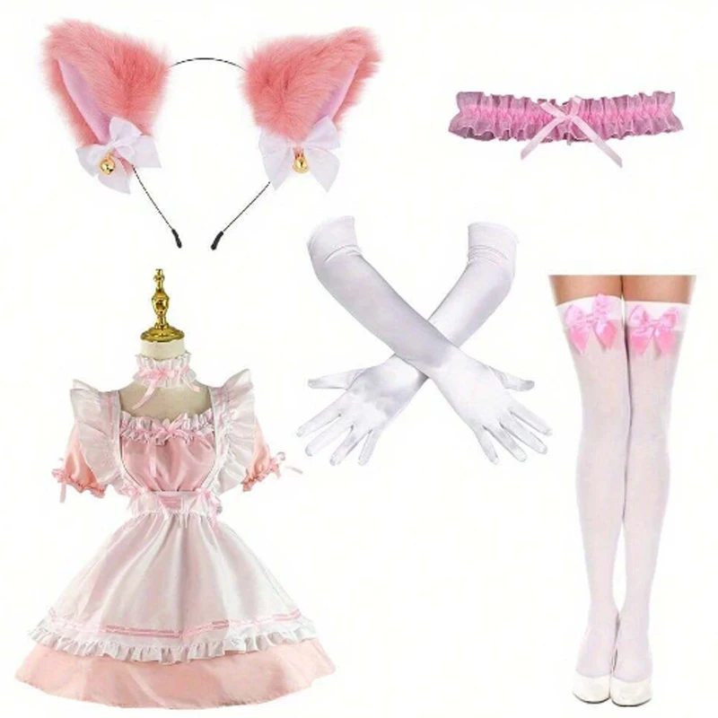 Kostium Króliczka PESENAR Damski Strój Dziewczęcy Kombinezon z Guzikami w Kroku Onesie Body Cosplay Kostium Futrzane Uszy Kota Rękawiczki Skarpetki Zestaw