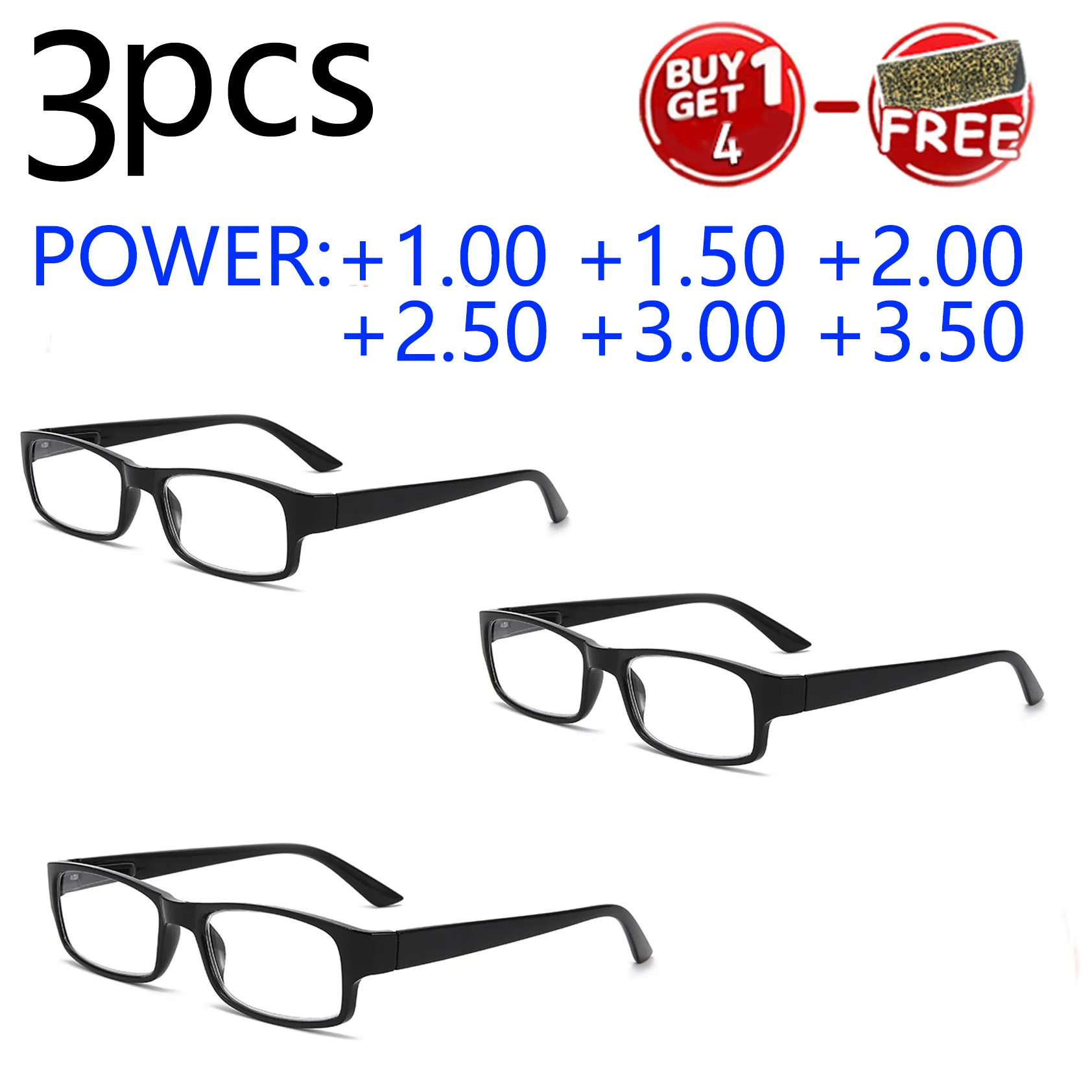 

3 шт. легкие классические черные квадратные очки для чтения с пружинными петлями для универсального посадки