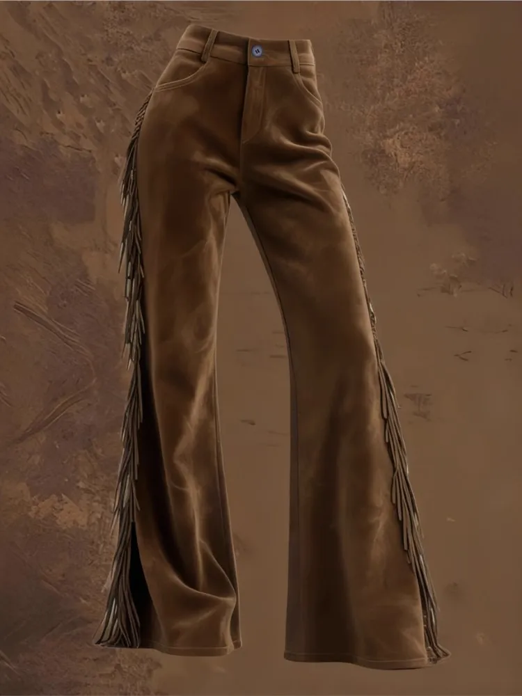 

Woman's Vintage Western Tassel Suede Flare Pants Casual Long Trousers Autumn Fashion Pants Women Clothing