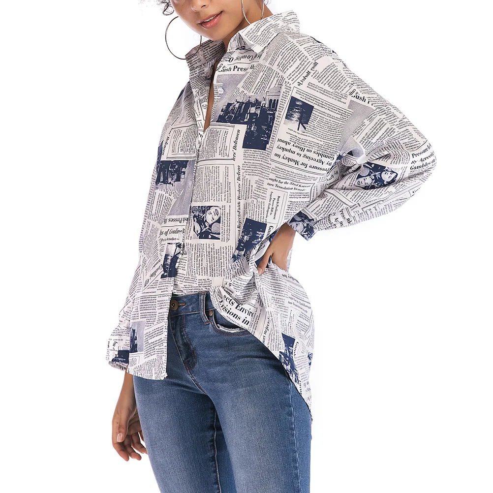 

Женская модная рубашка с газетным принтом, синяя однобортная блузка с рукавами и лацканами, повседневная вечеринка, лето-весна