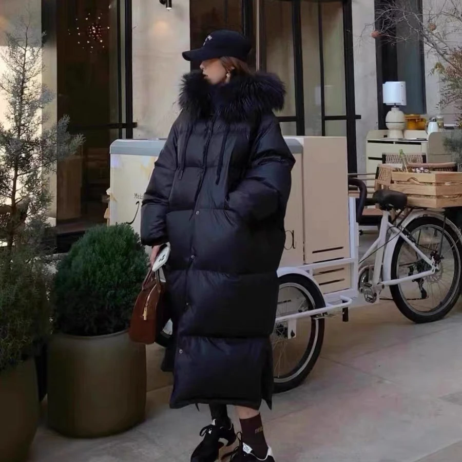 เสื้อแจ็คเก็ตขนเป็ดสีเขียวทหารสำหรับผู้หญิง รุ่นหนาพิเศษ ทรงหลวม บุด้วยขนแรคคูนขนาดใหญ่สำหรับฤดูหนาว  แบบใหม่