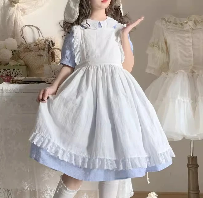 Abito bianco con cinturino grembiule Lolita con giunture in pizzo Lolita allentato Abito da donna a vita alta medio e lungo semplice e versatile