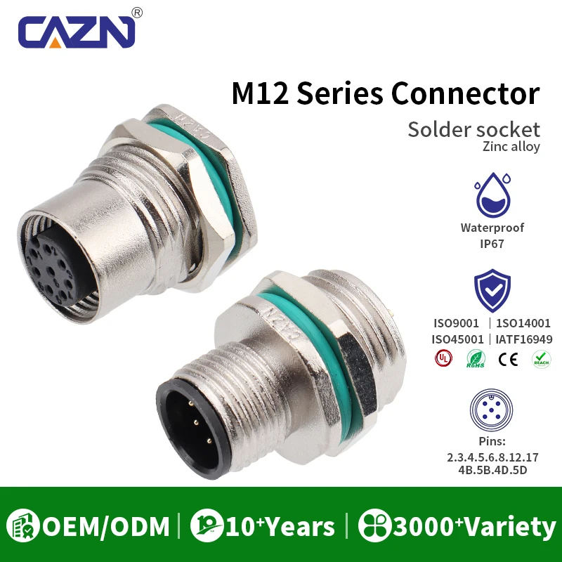 M12 Zinc Alloy Solder Socket Male Female Front Back Mount 2 3 4 5 6 8 12 17 Pin A/B/D IP67 for Industrial Automation & Robotics