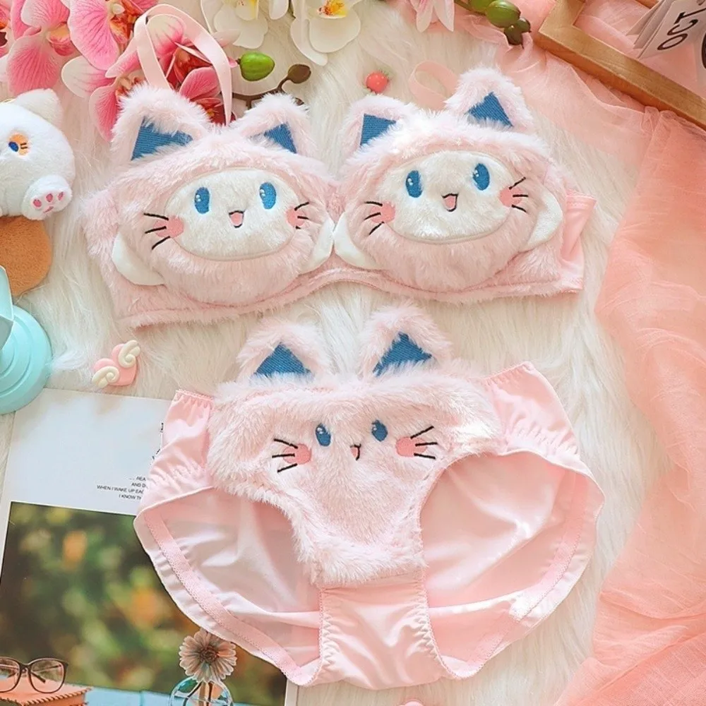 Kawaii Warm Bra Panties Suit Push Up Japanese Style Cat Plush Lingerie Set Wire-free Lolita Plush Underwear Autumn and Winter