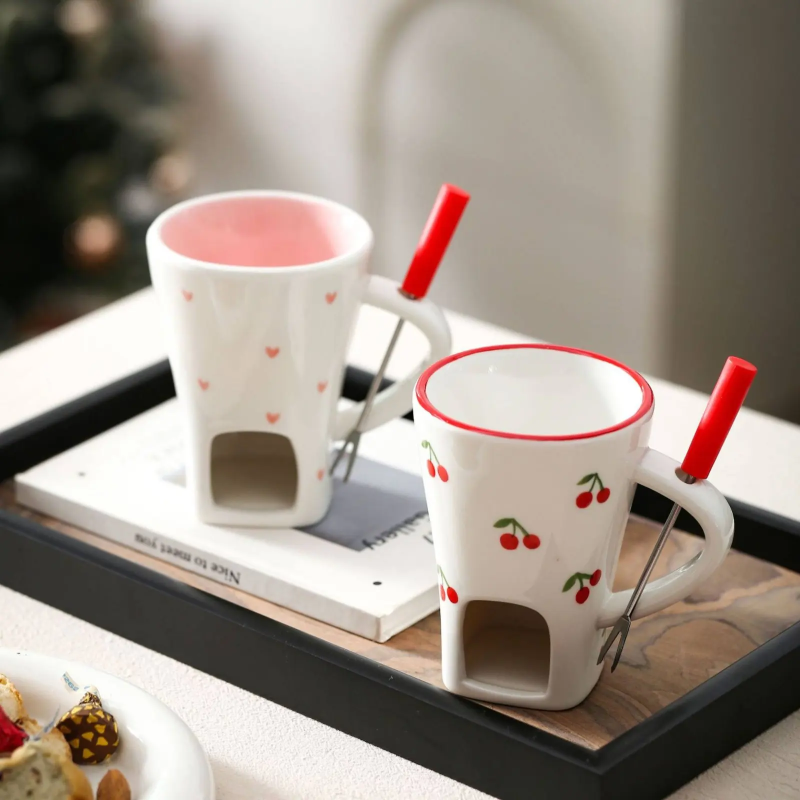 Taza de Fondue Individual con Varilla para Sumergir, Fundidor de Chocolate de Cerámica, Set de Fondue con Diseño de Corazón, para Té y Mantequilla