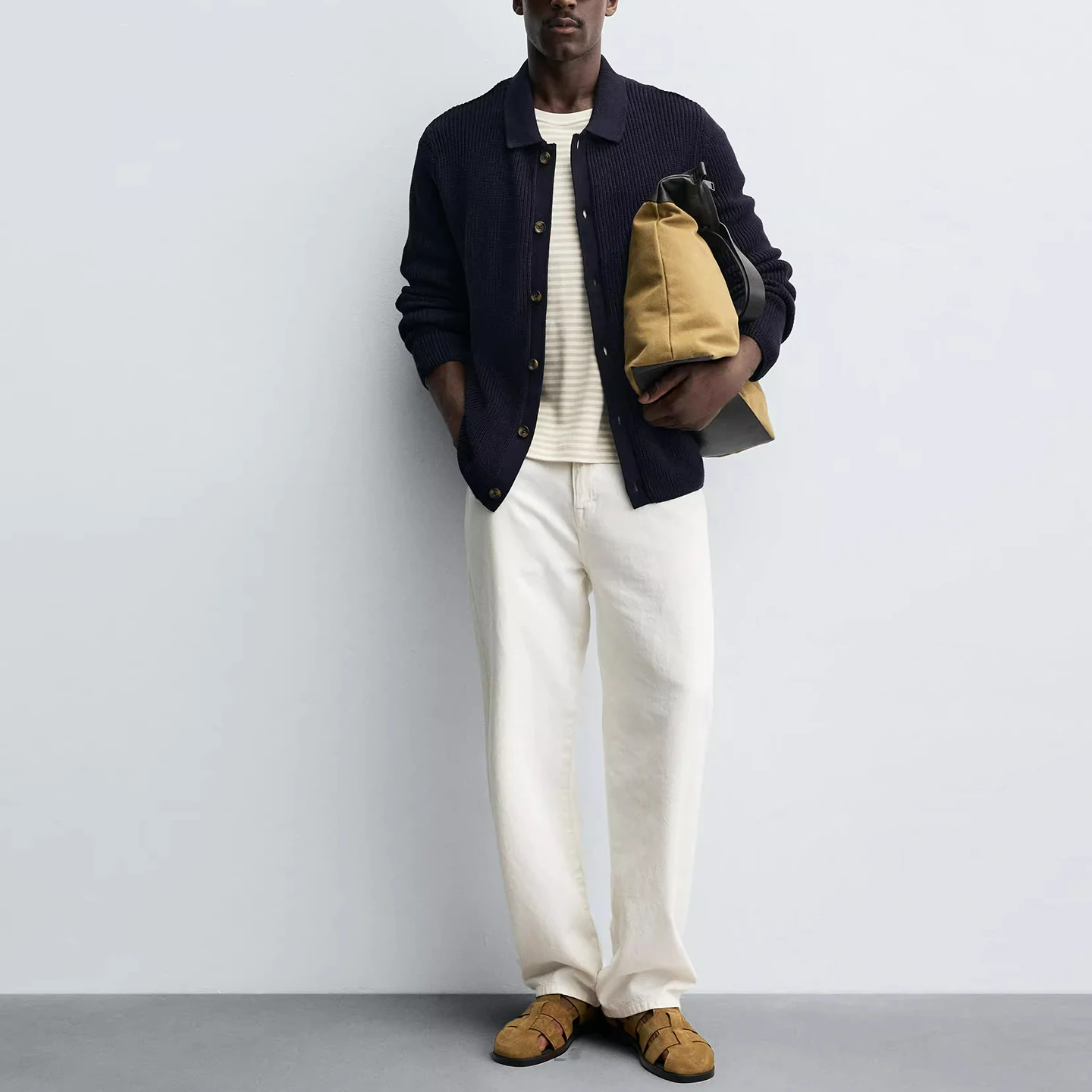 남성용 슬림핏 니트웨어 스트레이트 튜브 리브드 아우터웨어 통기성 편안한 롱 슬리브 가디건