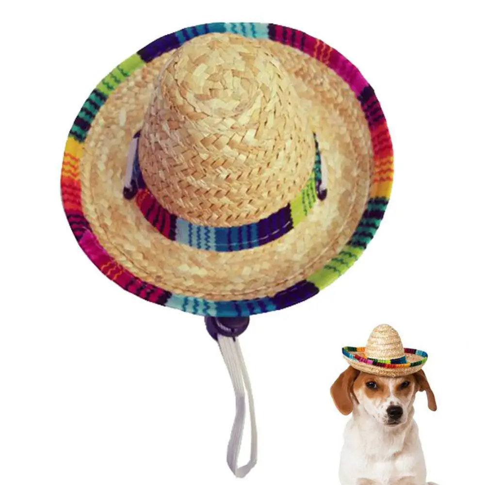 Cute Mini Puppy Dog Straw Woven Sun Hat Cap Mexican Sombrero Pet Supplies