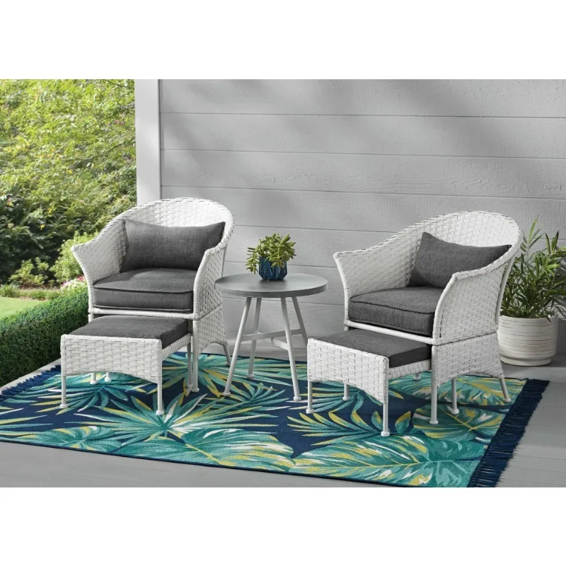 

Arlington Glen 5-Piece Outdoor Wicker Patio Furniture Set, White, includes two side chairs, two ottomans, and one side table
