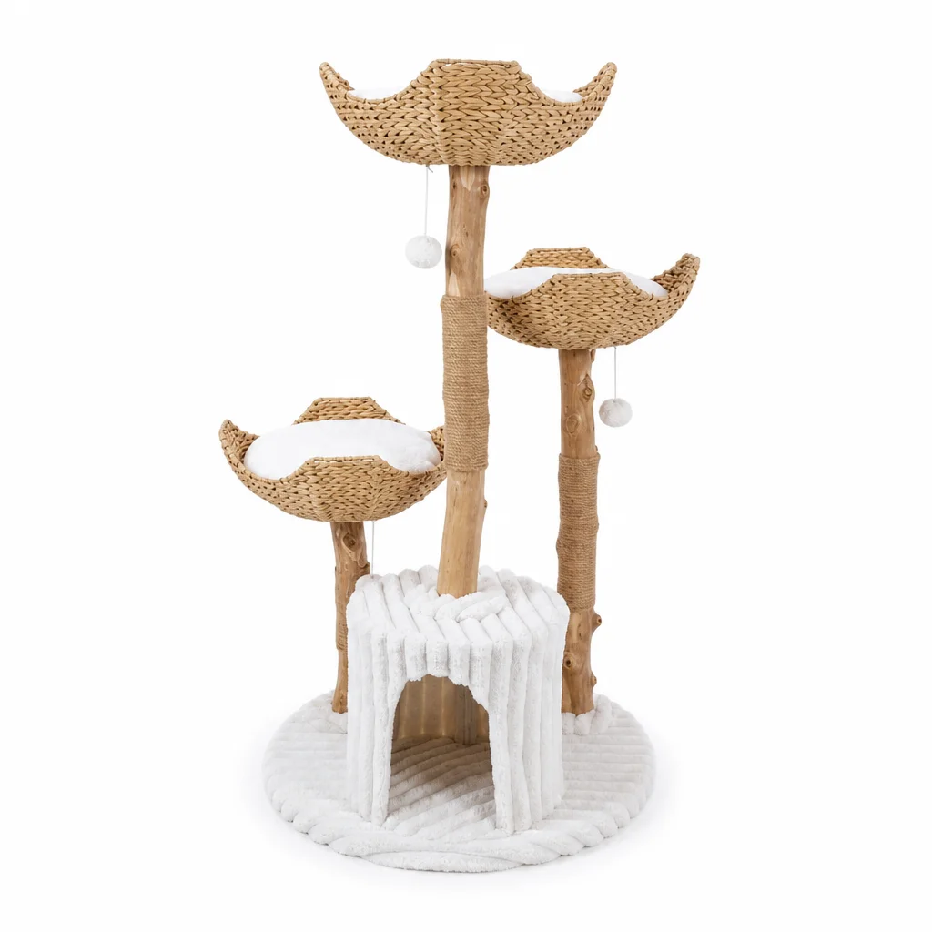 Solid Wood Minimalist All-in-One Cozy  Tree Extra-Large Multi-Layer Natural Fruitwood Sisal Scratching Post Space-Saving