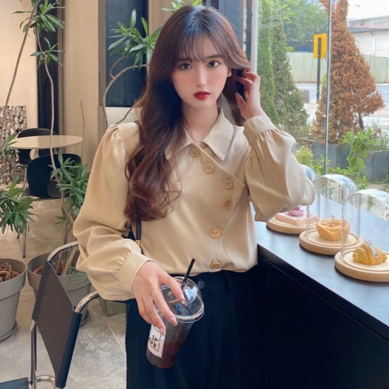 Asymmetrical Shirts Women Elegant Creativity Causal Spring Retro Chic Pure Ladies All-match Ulzzang Simple Sweet Puff Sleeve New