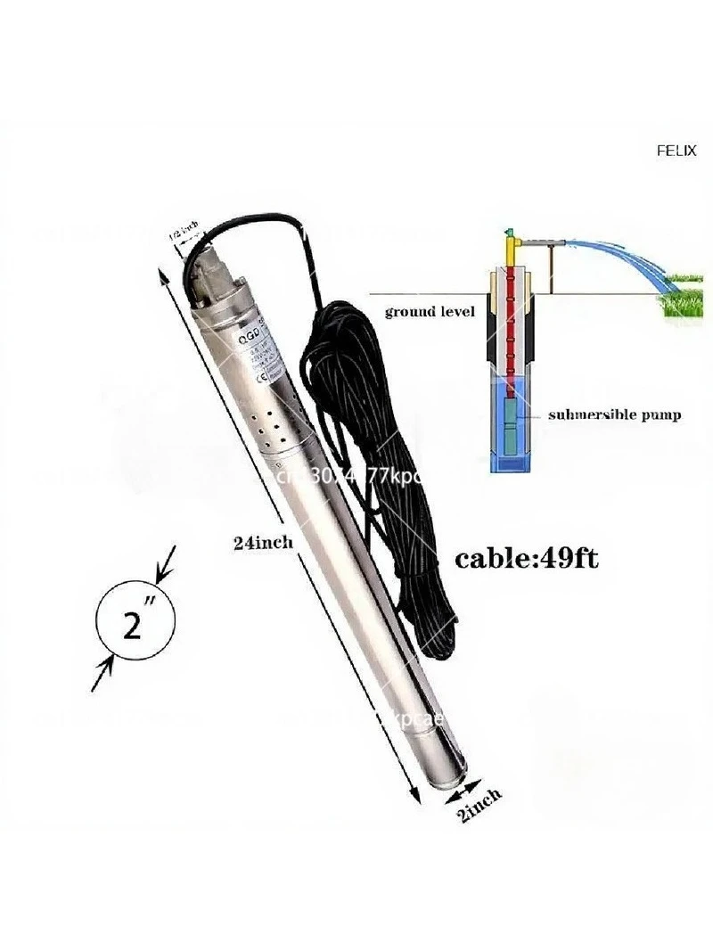 2 Inch Submersible Deep Well Pump, 304 Stainless Steel, 50mm Diameter, Flow Rate 1000L/h