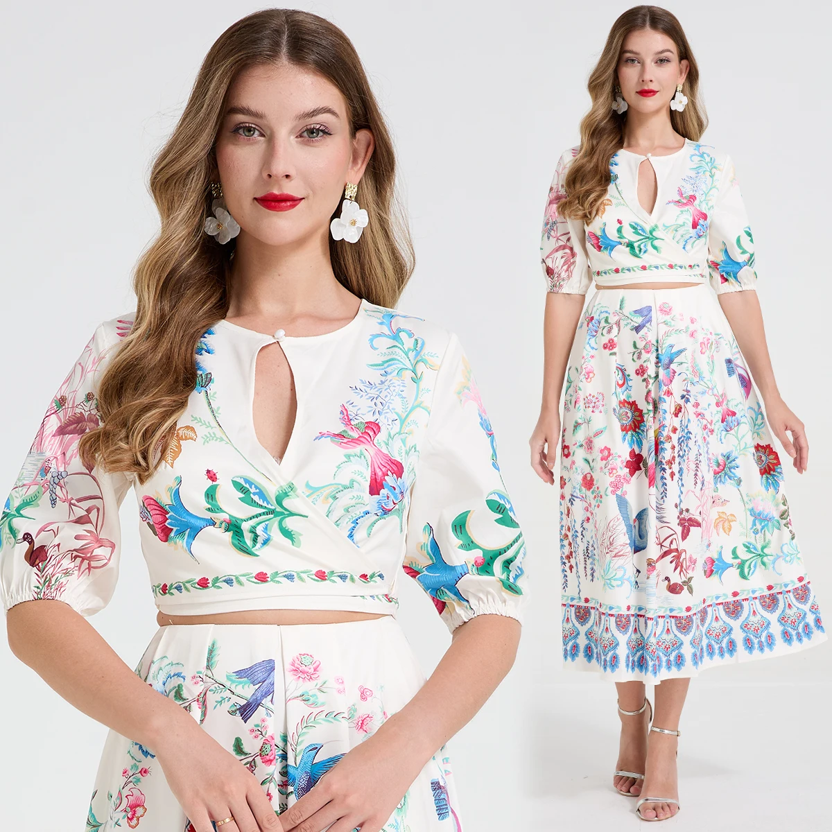 Set gonna a due pezzi da donna con decorazione stampata retrò estiva Set girocollo con maniche a tre quarti + set gonna longuette svasata a vita alta