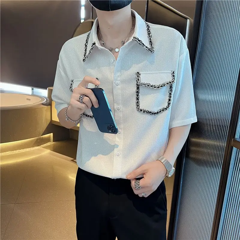 Fashion Lapel Spliced Button Pockets Korean Shirts Men\'s Clothing 2023 Summer New Oversized Casual Tops Loose All-match Shirt