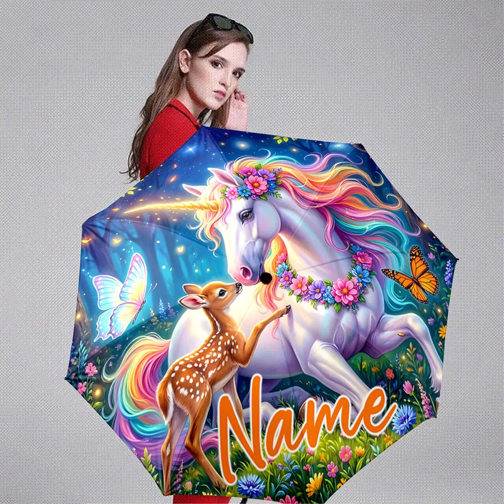 Custom Name Umbrella Unicorn and Fawn with Rainbow Mane in Forest 8 Iron Ribs Folding Umbrella Auto-Open Fashion Sunshade