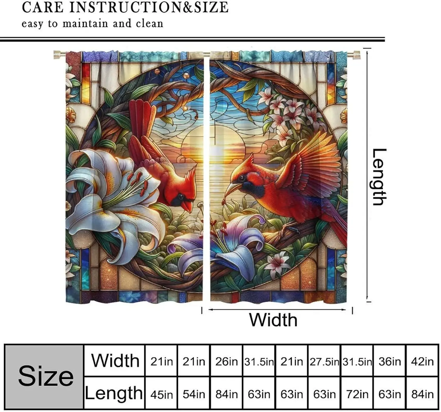 Stained Glass Cardinal Curtains, Nature Scenery Floral Bird Abstract Geometry Window Drapes for Kids Boys Girls Bedroom