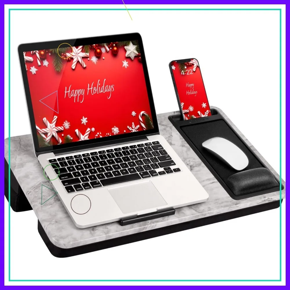 Extra Large Adjustable Lap Desk with Gel Wrist Rest, Mouse Pad, Phone Holder - White Marble for Laptops up to 17.3 Inch
