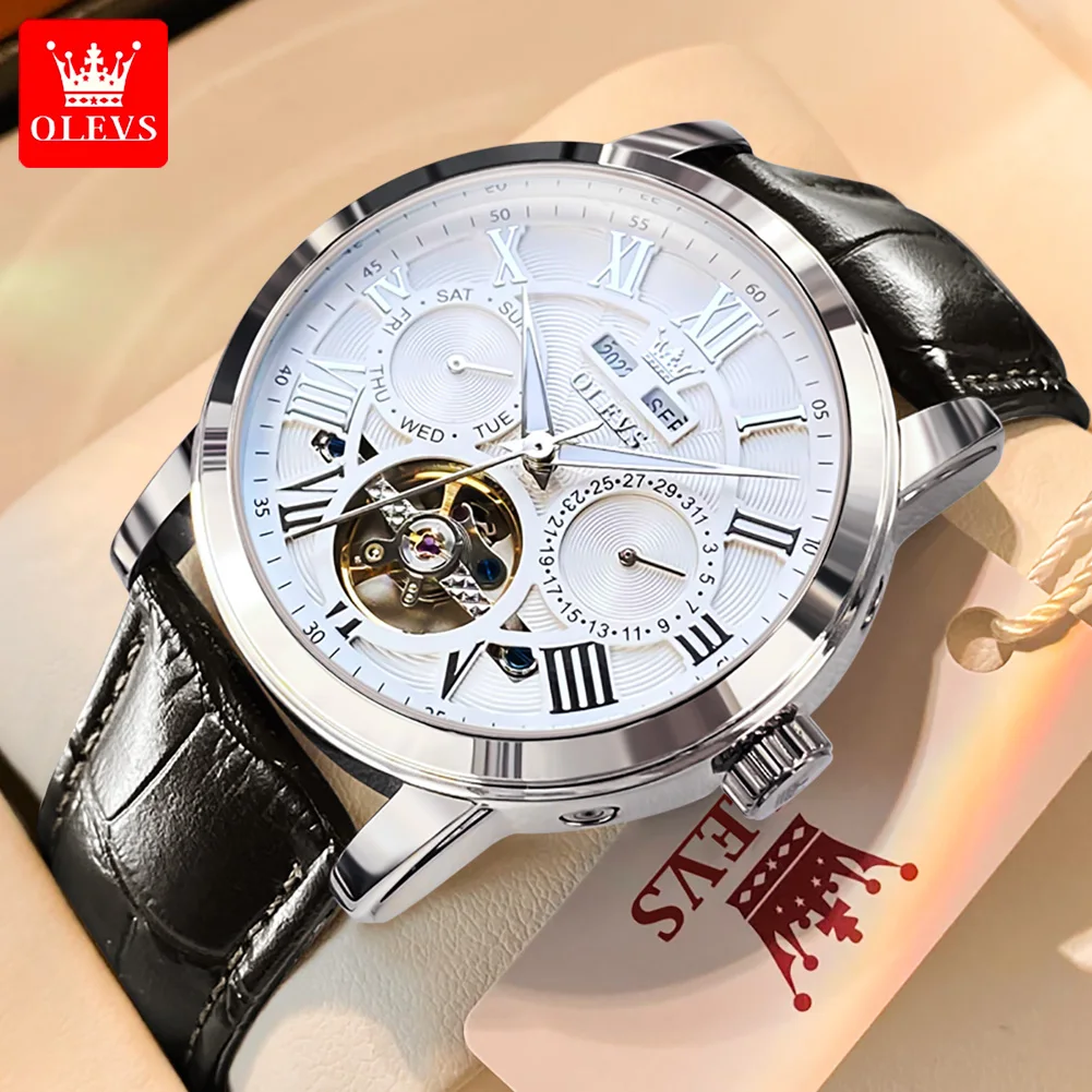 OLEVS Topmerk automatisch horloge voor heren chronograaf maanfase kalender lederen band heren quartz horloge waterdicht polshorloge