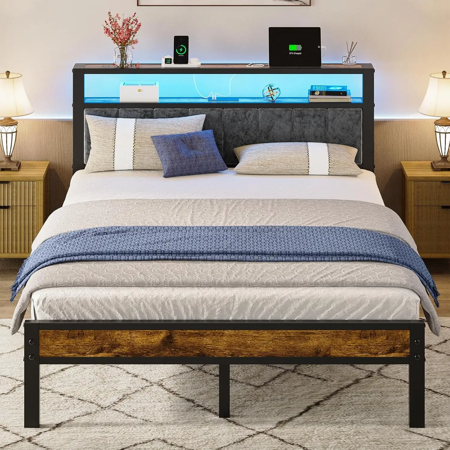 

Queen Size Platform Bed Frame with Storage Headboard, LED Lights, Charging Station, No Box Spring Needed
