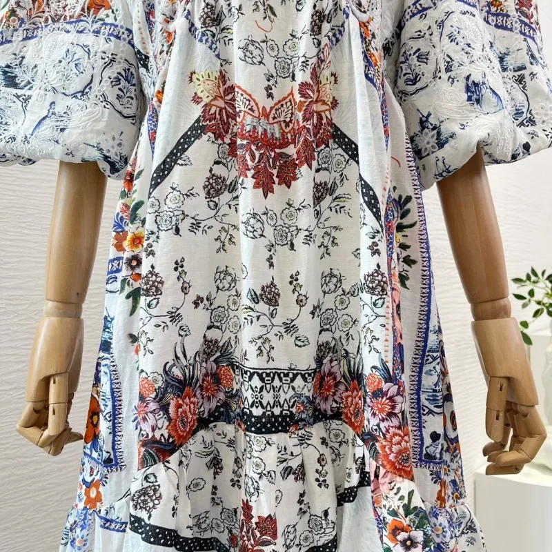 Abito lungo con stampa floreale bianca per donna mezza manica con scollo a V ricamo pizzo Midi abiti Vintage