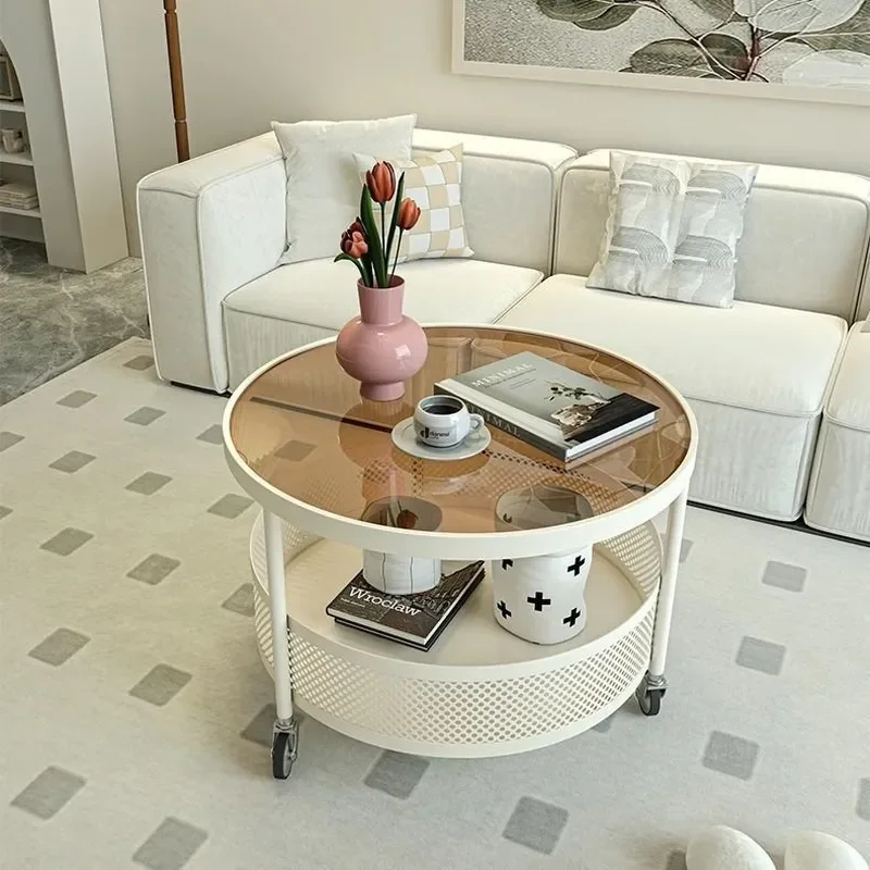 for Cream Small Round Coffee Table for Living Room Simple Light Luxury Mobile Side Table with Glass Edge for Small Apartment