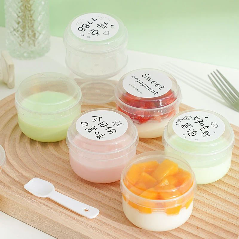 10 Pcs 130ml 260ml High Temperature Plastic Pudding Fat Cup Set Base Disposable Sago Taro Balls Dessert Bowl Cartoon Stickers