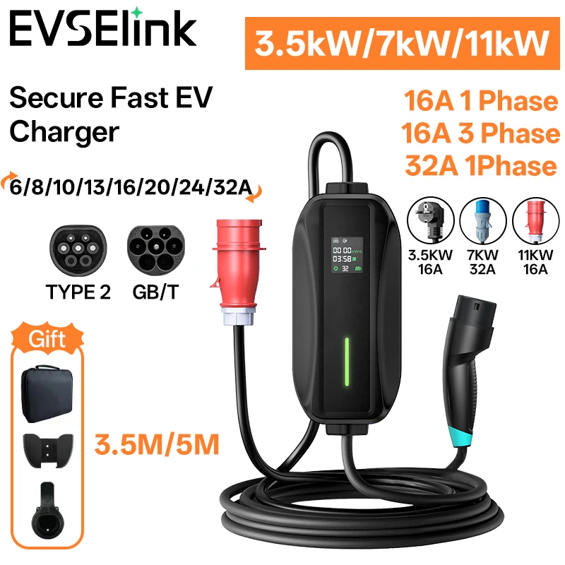 

EVSELink home AC Portable ev charger Charging Plug Type2 GBT 3.5KW 7KW11KW Adjustable Current Time Booking