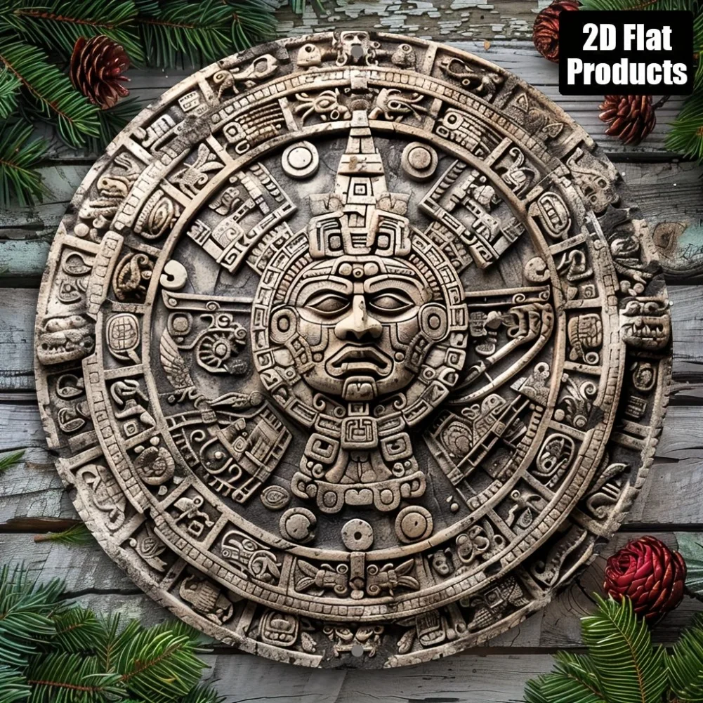 Vintage Azteken-Kalender Sonnenstein Rundes Blechschild, 3D-Effekt Maya-Kalender Metall-Wandkunst, Antike Mesoamerikanische Dekorative Blechdekoration