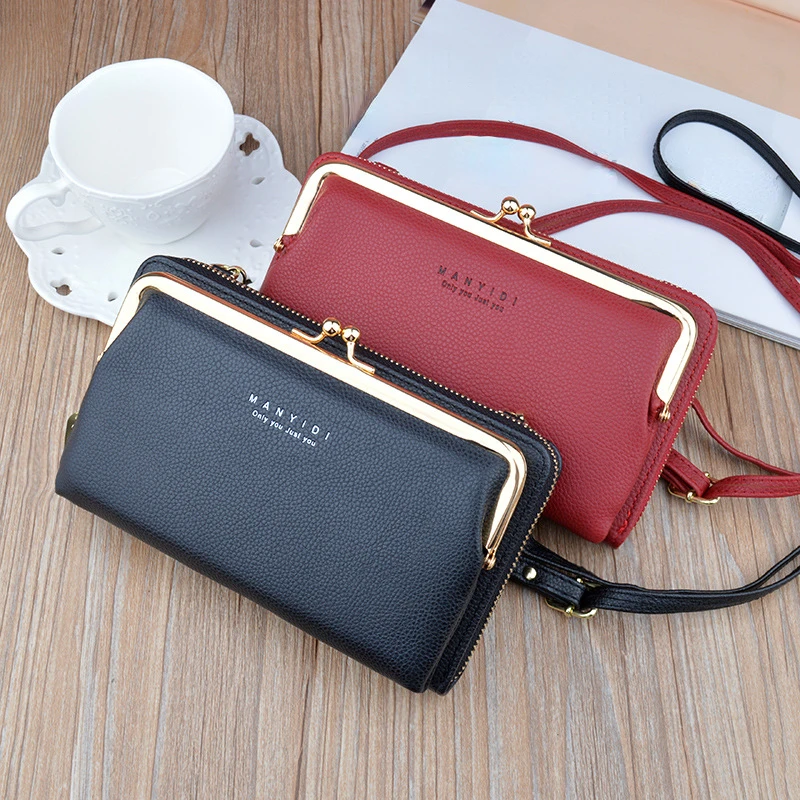 PU Leather Clutch Wallet For Women, Multifunctional Crossbody Bag, Fashion Long Coin Purse With Kiss Lock