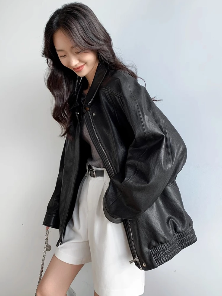 Vintage Genuine Leather Motorcycle Jacket for Women Spring Autumn 2025 New High-end Casual Simple Soft Black Real Sheepskin Coat
