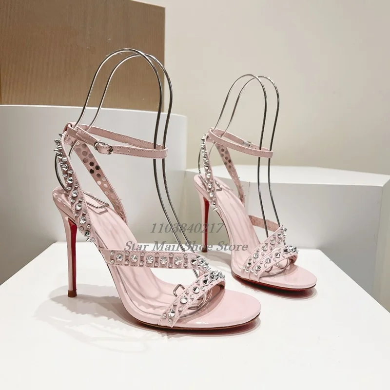 Summer Fashion Diagonal Belt Studded Women's Sandals Round Toe Peep Toe Stilettos Ankle Strap Buckle Party High Heel Sandals