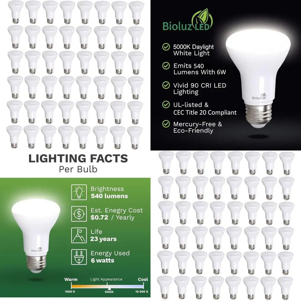 

Светодиодные лампы BR20 6W, эквивалент 50W, дневной свет 5000K, диммируемые, энергоэффективные, для внутреннего и наружного использования, сертифицированы UL.