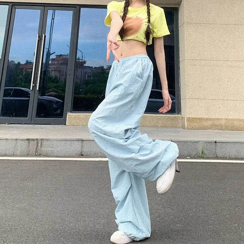 軽量薄型パラシュートパンツ女性巾着ハイウエストカーゴパンツ女性原宿ストリートワイドレッグだぶだぶのスウェットパンツ