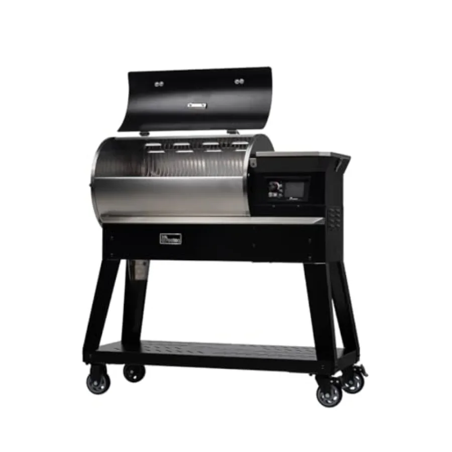 Outdoor pellet smoker for patio use, wood pellet fuel, black finish, WiFi and app connectivity with temperature range 180 to 70