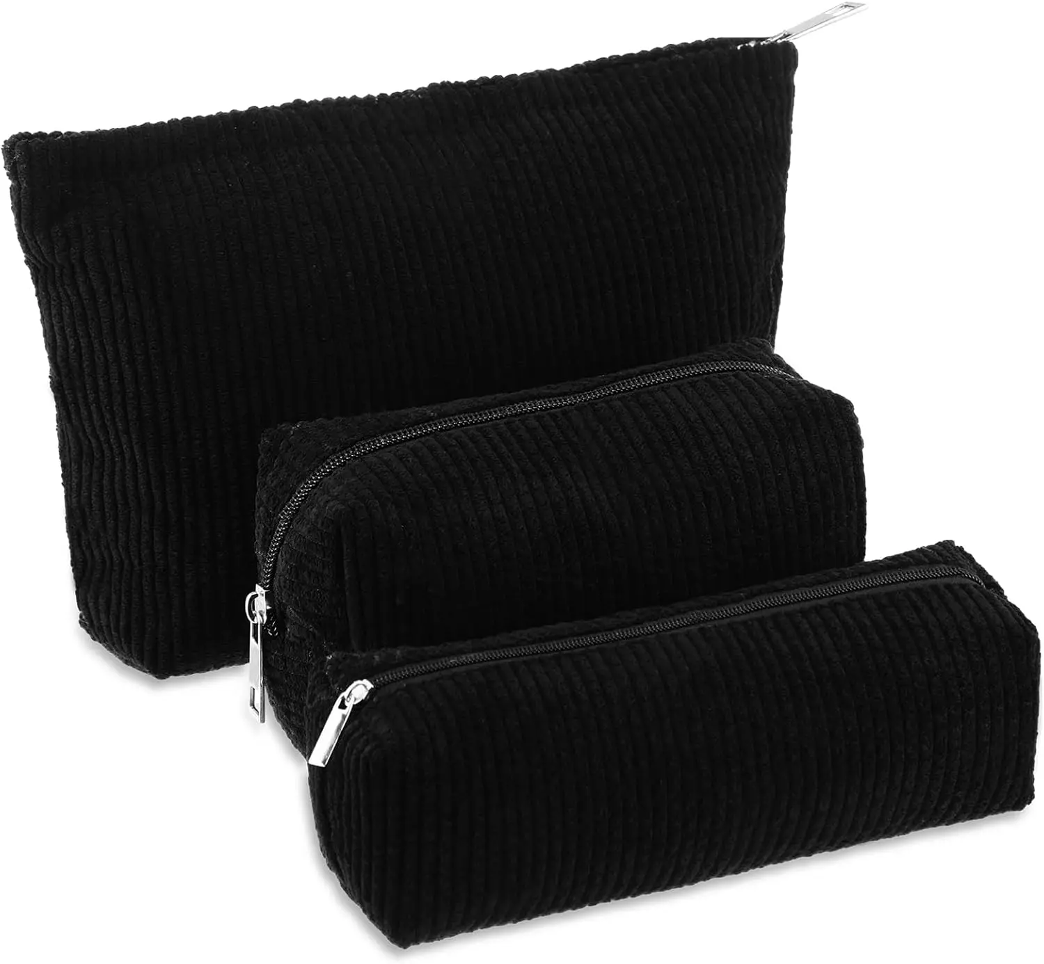 

3 Pcs Corduroy Makeup Bag Set for Women Travel Toiletry Organizer with Zipper, Black Solid