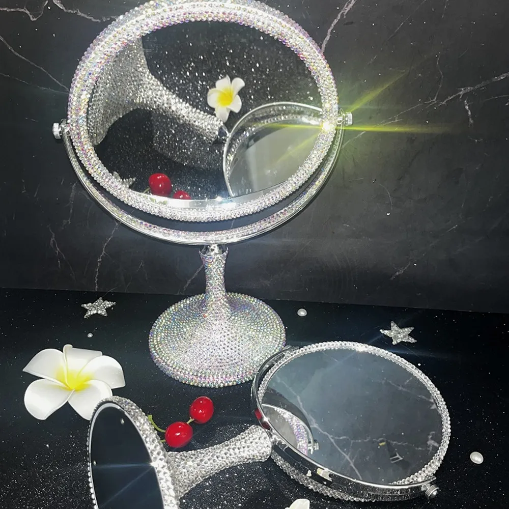 High-grade Handmade Diamond Makeup Mirror Creative Rhinestone Mirrors Rotatable Girl Bling Room Table Makeup Decor Round Mirror