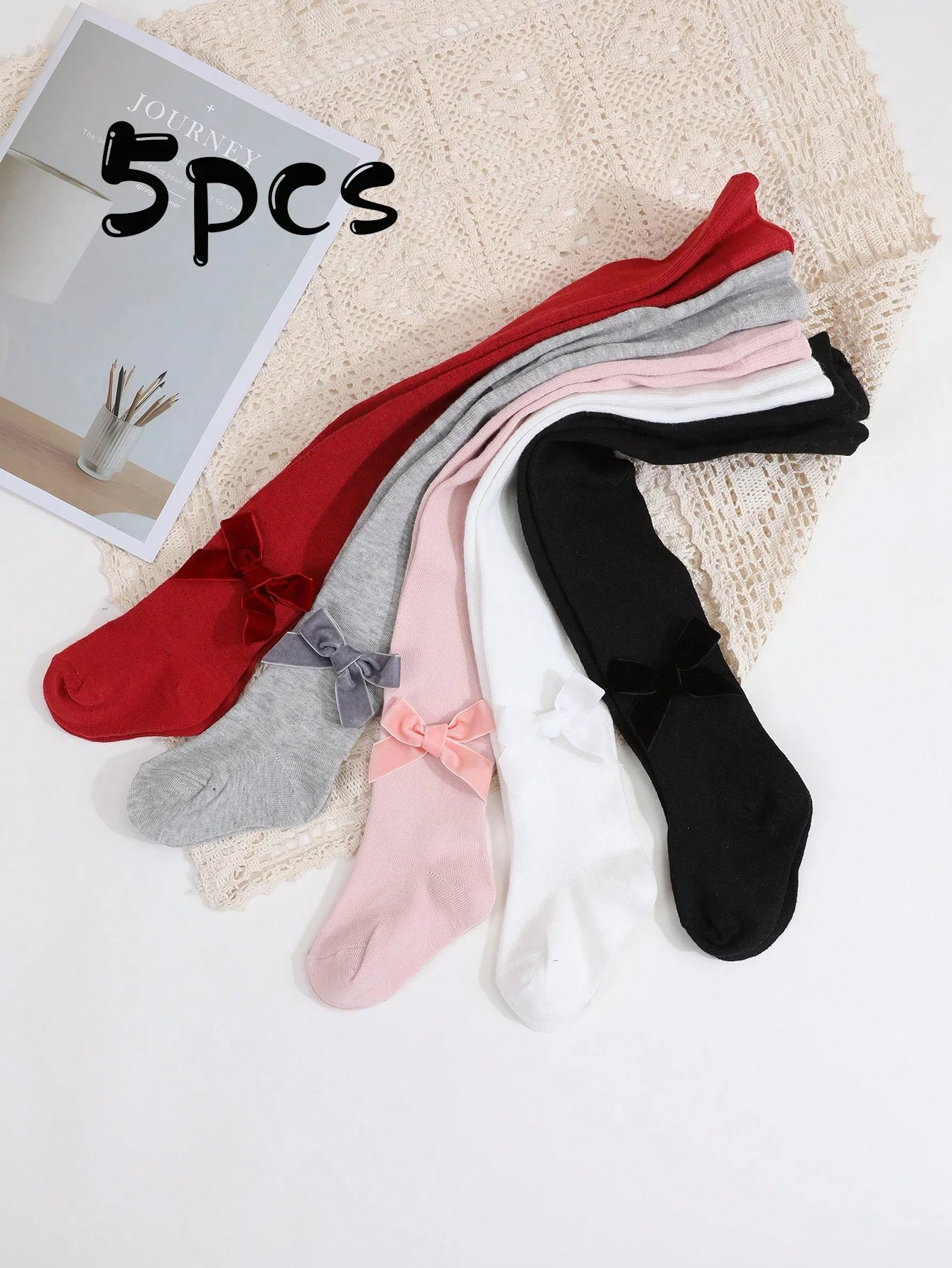 

5 Pairs Solid Color Leggings with Velvet Bowknots, Soft Anti-Slip Pantyhose for 0-72 Months Baby Girls Daily Wear All Year Round