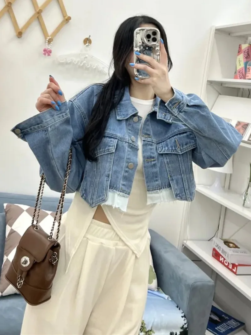 Chic primavera Vintage ort Casual Collar suelto versátil a cuadros un solo botón mujeres Denim Jaet Faionable ropa Casual