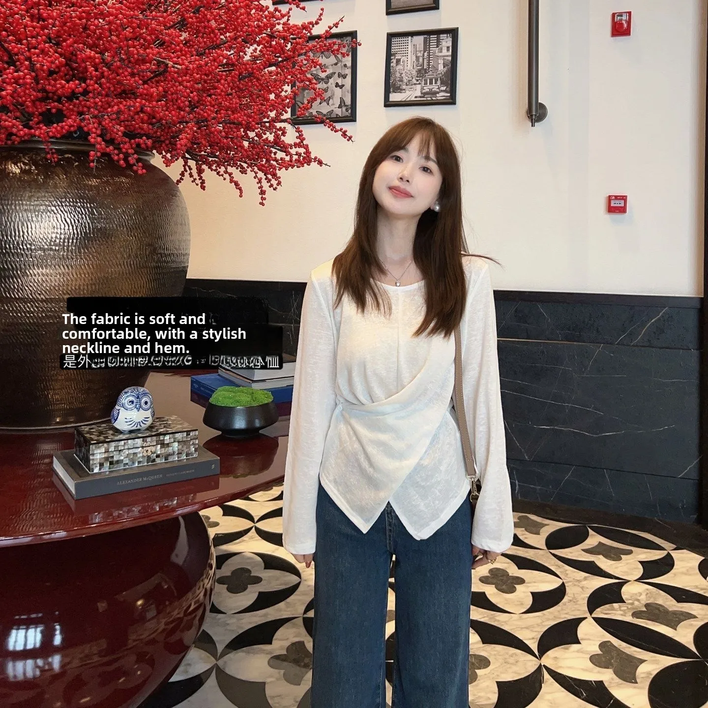 Loose Long Sleeve round Neck T-Shirt Breathable Slim Fit Sun Protection Cross Design Spring Summer Autumn Casual Women's Top