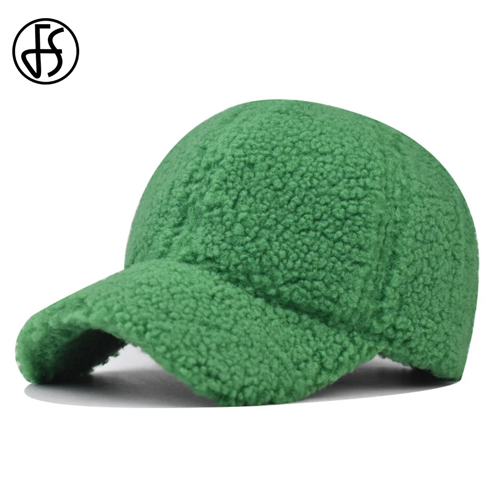 FS Green Lamb Wool Winter Baseball Caps For Men Outdoor Windproof Warm Plush Women Hats Streetwear Hip Hop Cap Gorras Para Mujer