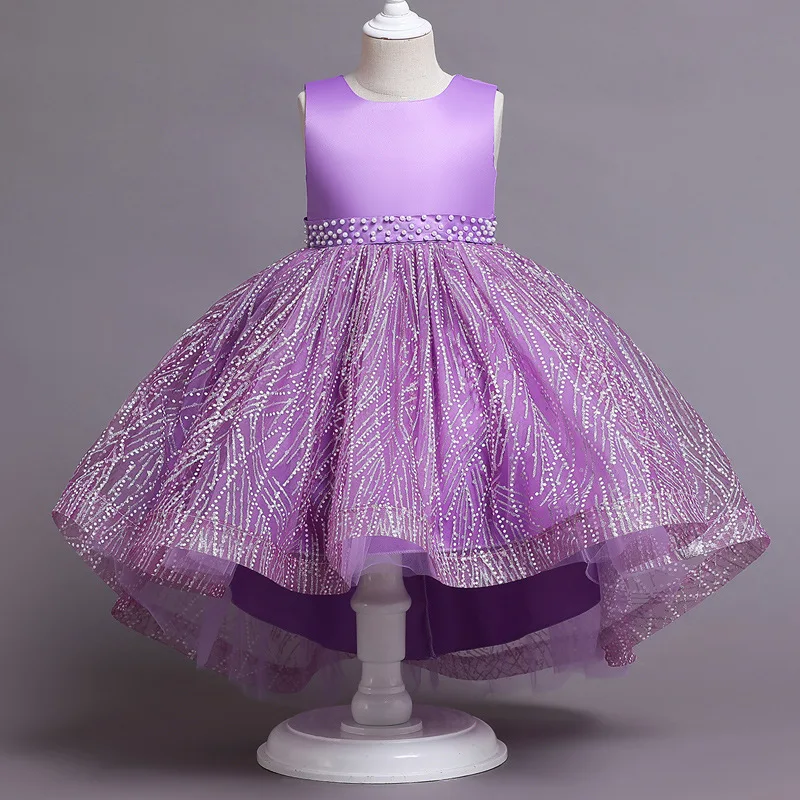 Girls Sleeveless Satin Pearl Sequins Tulle Princess Dress For Children Birthday Party Wedding Pageant Formal Ceremony Prom Gown