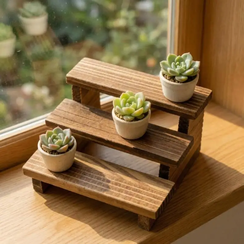 

Mini Wooden 3 Tier Shelf Plant Stand Dollhouse Furniture for Flower Display Garden Accessories