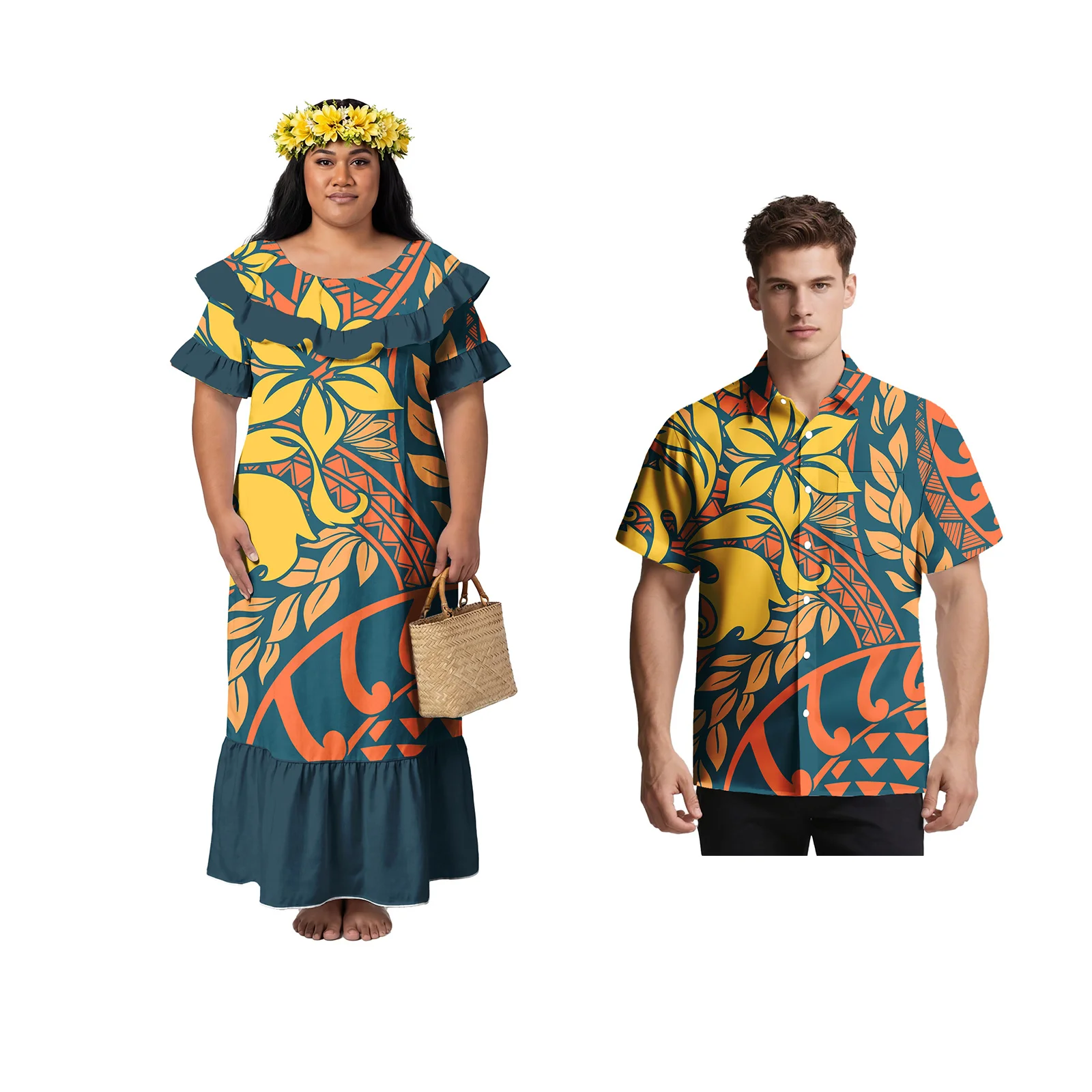 Fashion Royal Blue Couple Clothes Polynesian Men Shirts Samoan Women Dress Custom Hawaiian Island Print Matching Couple Outfits